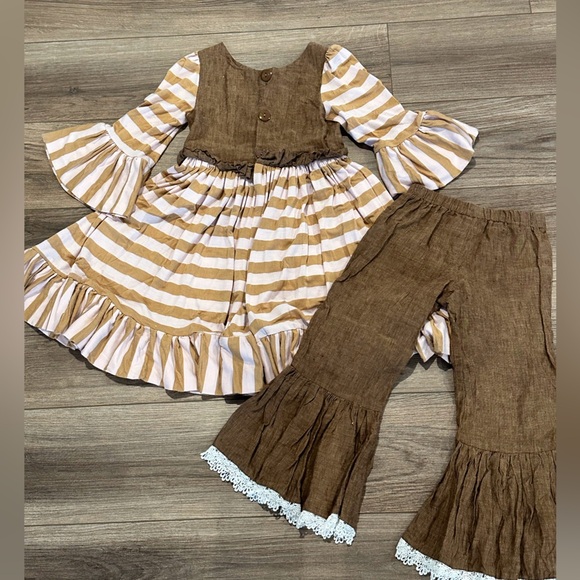 Girls 7 Owls and Bats Linen Brown and Pink Flare Dress with Matching Pants - Picture 5 of 7